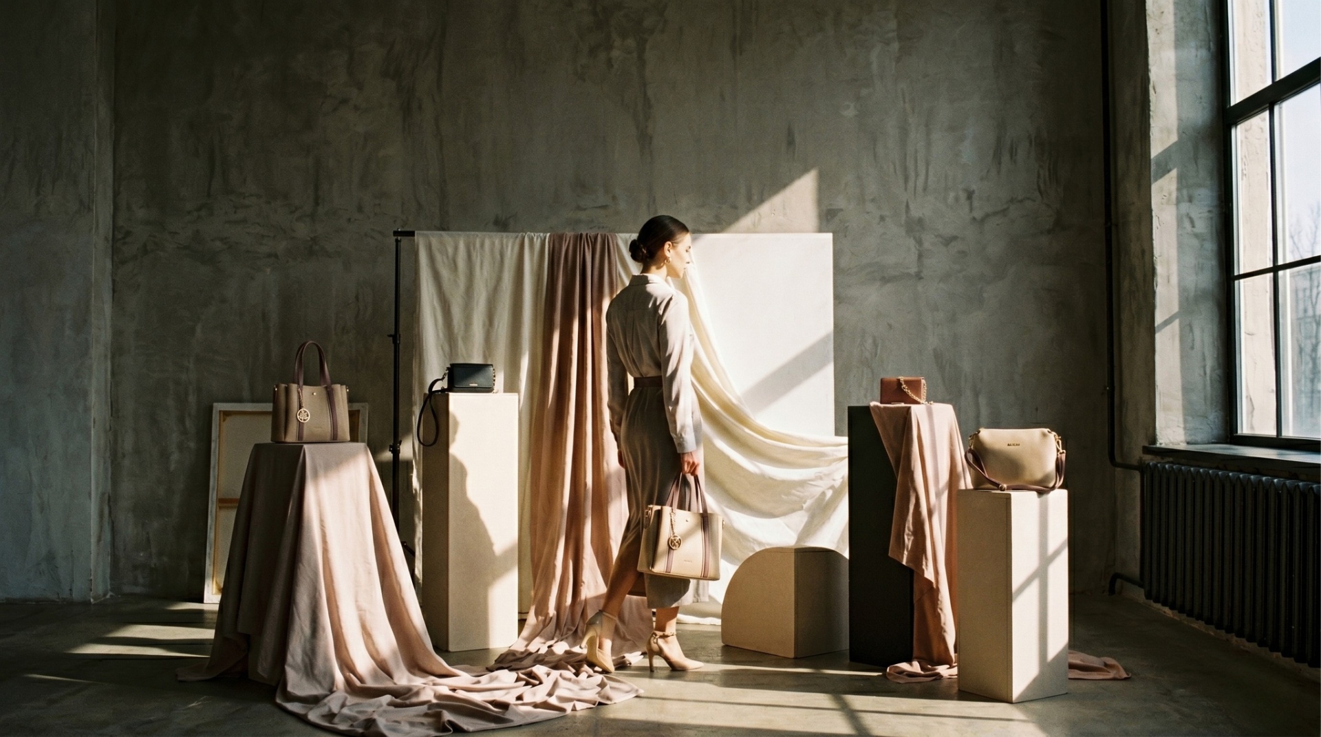 RUCINI handbags and accessories displayed on minimalist studio pedestals with warm lighting
