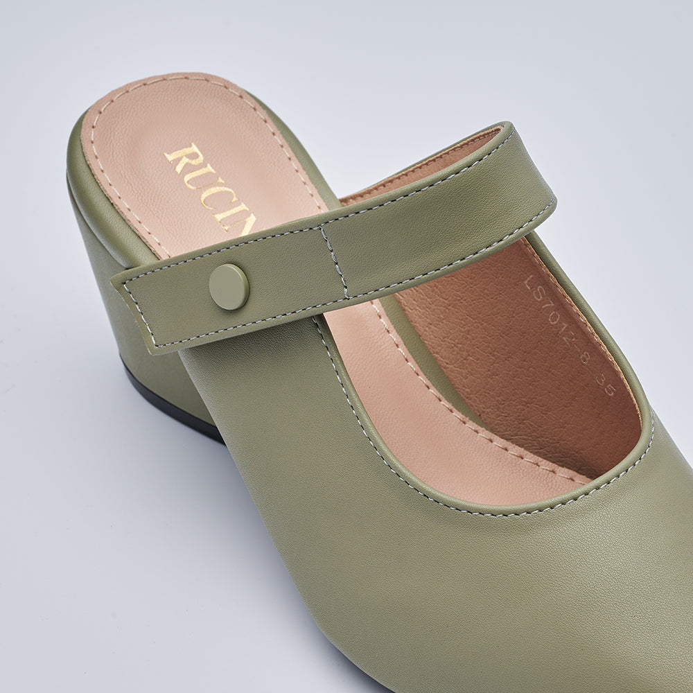 Velcro Strap Heeled Closed Toe Mules