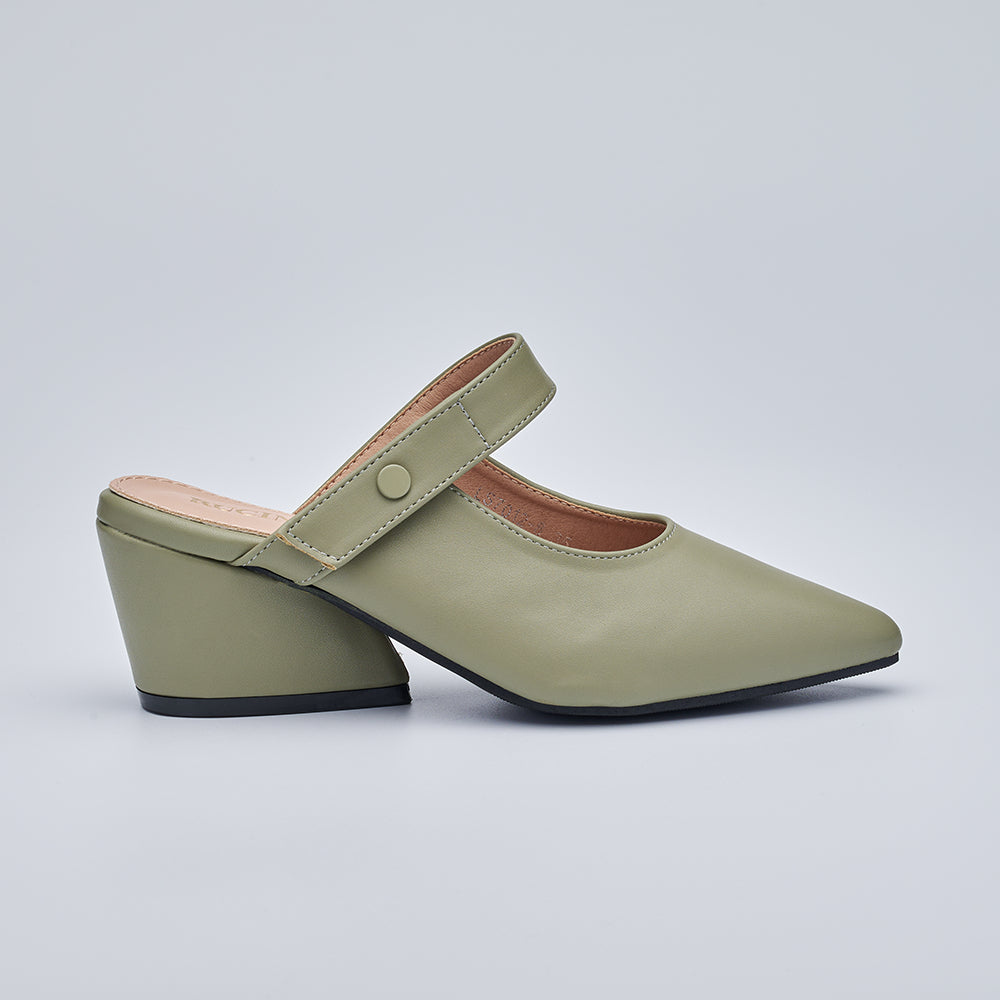Velcro Strap Heeled Closed Toe Mules