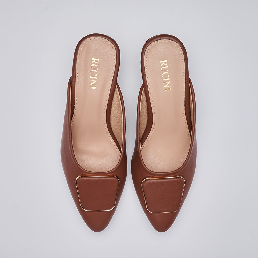 Pointed Toe Heeled Mules with Ornament