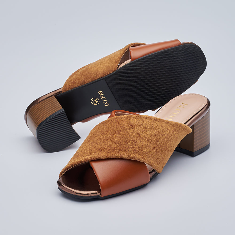 Block-Heeled Cross Band Open Toe Mules