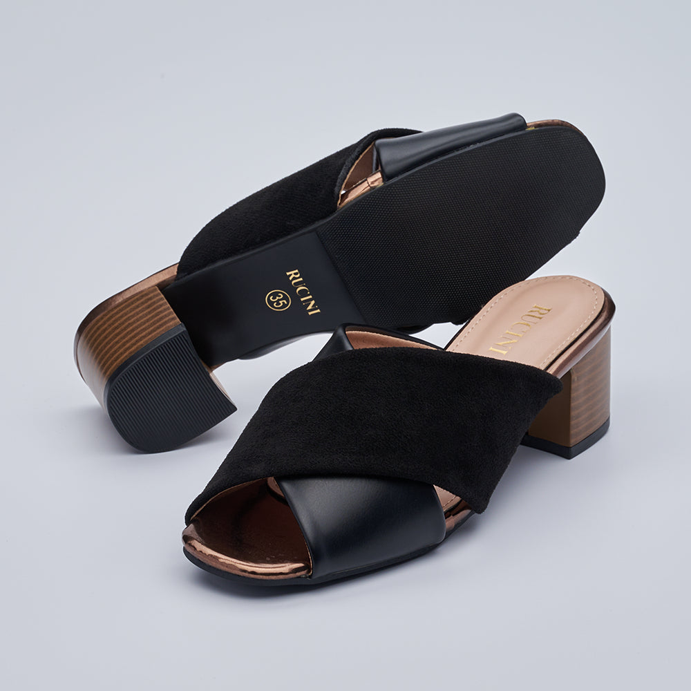 Block-Heeled Cross Band Open Toe Mules