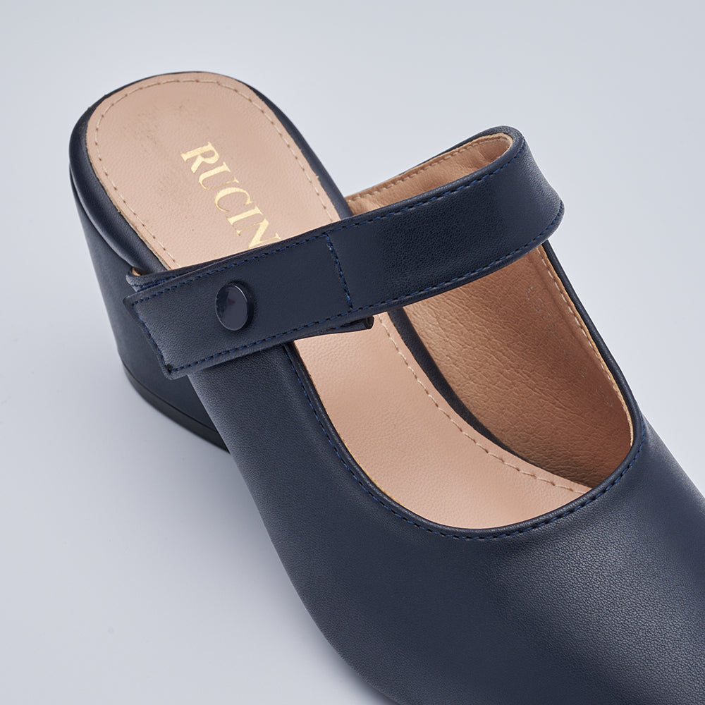 Velcro Strap Heeled Closed Toe Mules