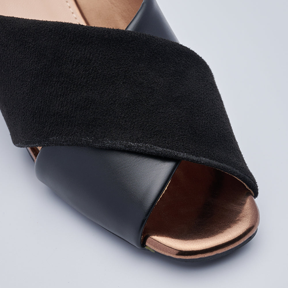 Block-Heeled Cross Band Open Toe Mules